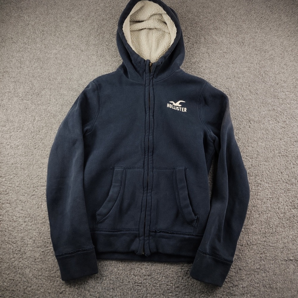 Hollister Hoodie Mens Small Navy Blue Faux Sherpa Lined Skater Boho Faded Y2K